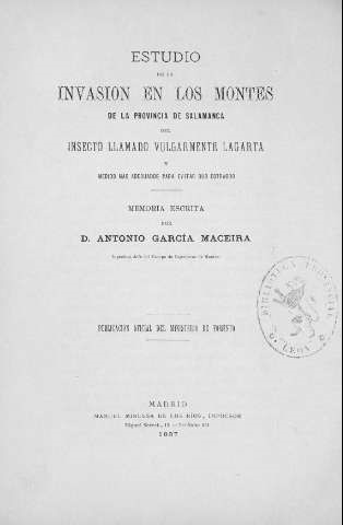 Estudio de la invasion en los montes de la provincia de Salamanca del insecto llamado vulgarmente lagarta